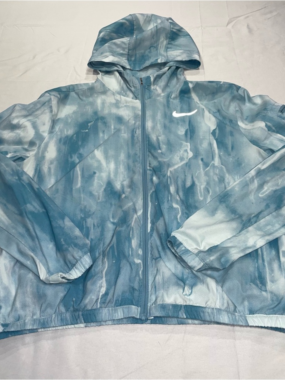 Nike Running Women Blue White Tie Dye Full Zip Hooded Windbreaker Jacket Small